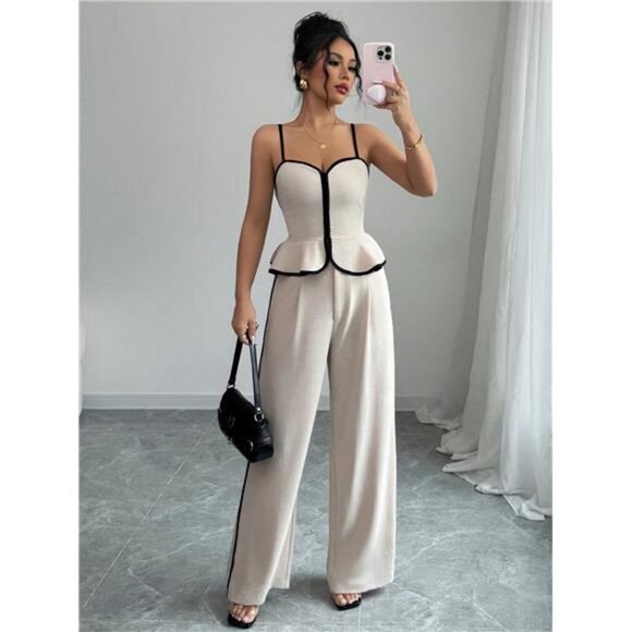 2pcs/Set Women Elegant Beaded Contrast Color Cami Top And Long Pants